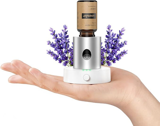Mini Waterless Nebulizing Essential Oil Diffuser with 10ml Lavender Oil for Aromatherapy, Small Portable with Air Mist and Scent for Home, Room, Hotel, Desk, Office, Travel - Silver