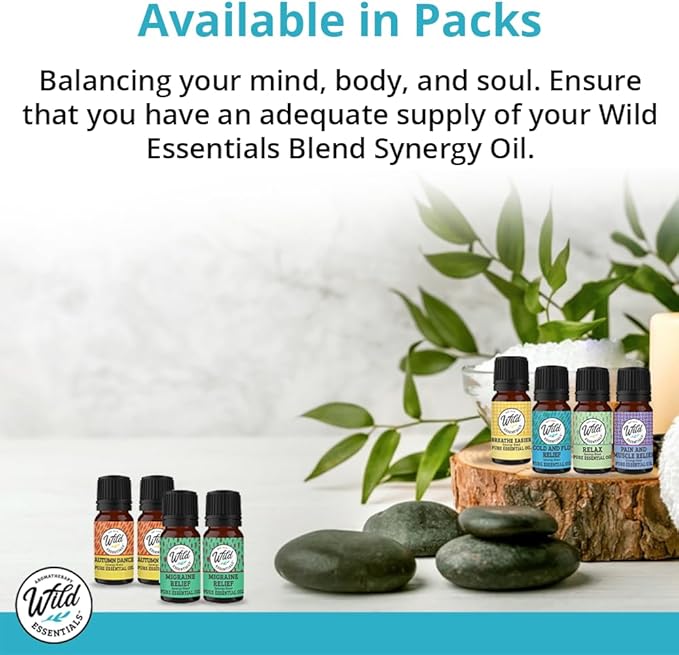 Wild Essentials Migraine Relief 100% Pure Essential Oil Synergy Blend 2 Pack 10ml, Formula for migraine Headaches, Pain, Congestion, stuffy Nose, Cold, Made in The USA