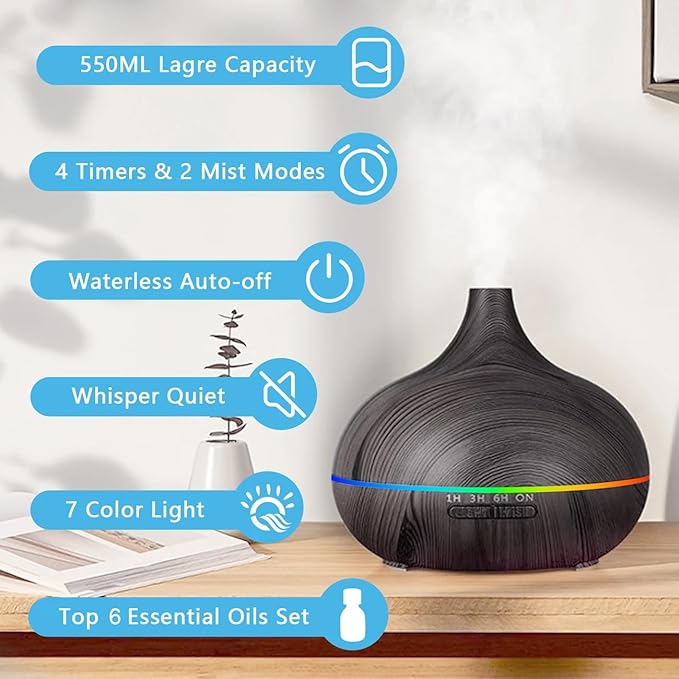 550ml ultrasonic Aromatherapy Essential Oil Diffuser with Remote Control, Dark Wood Grain, Including 6 Essential Oils, 4 Timer Settings, LED Light, Cold Mist humidifier