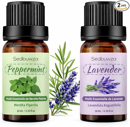 Sedbuwza Lavender Peppermint Essential Oil Set, Lavender Fragrance Oil Peppermint Scent Oil Set for Diffuser, Aromatherapy, Massage, Soap, Candle Making 2 x 10 ml