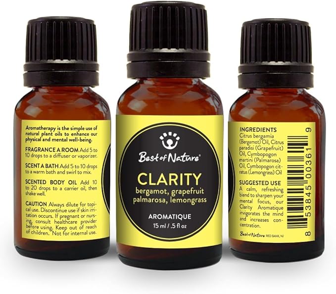 Best of Nature Clarity Essential Oil Blend – Bergamot, Grapefruit, Palmarosa & Lemongrass – 100% Pure for Diffuser, Focus & Mental Boost – Fresh Aromatherapy