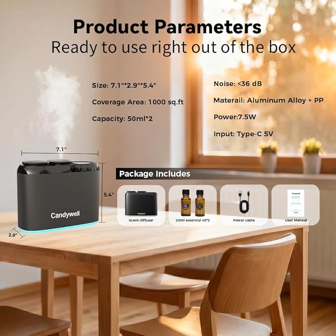 Smart Essential Oil Diffuser with Dual Nozzle & App Control, Waterless Diffuser for 1500 Sq Ft, with 4 Timer & 4 Mist Levels, Hotel Scent Diffuser for Home & Office