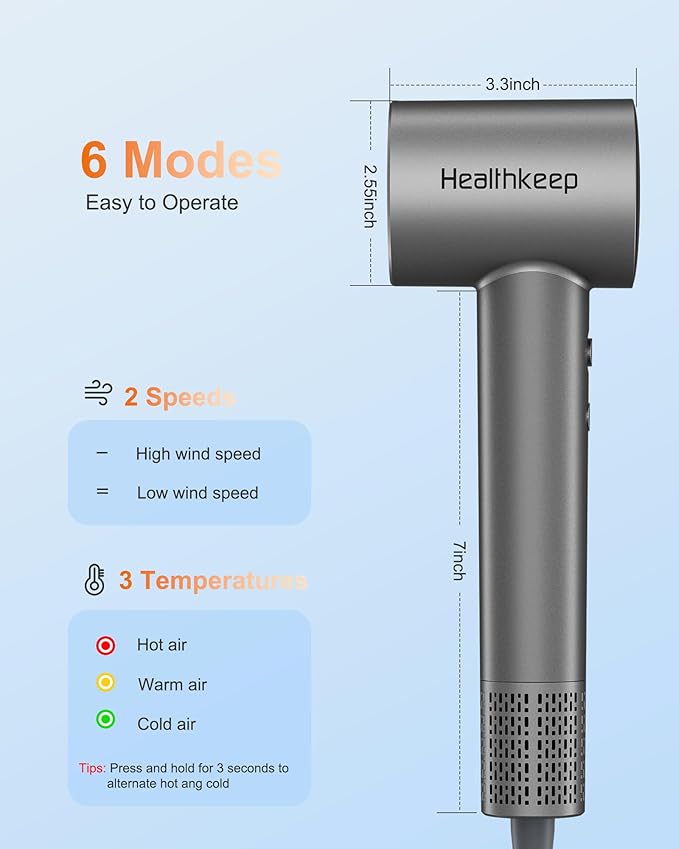 Hair Blow Dryer with Diffuser: 1500W High-Speed Brushless Motor 500M Ionic Technology, Thermo-Control Low Noise for Curly, Straight & Damaged Hair, Home Travel Salon