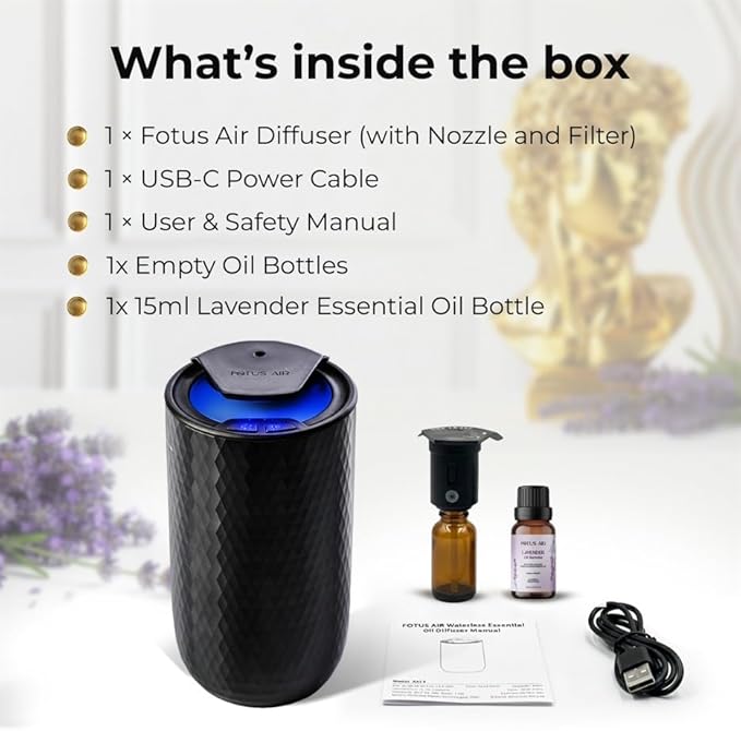 Waterless Essential Oil Diffuser – Portable Cordless Aromatherapy Diffuser for Home, Car, Office – 3 Mist Levels - 4 Timer Modes - 15ml Oil Capacity - USB-C Rechargeable