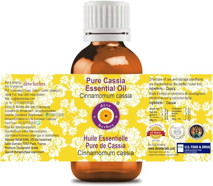 dève herbes Cassia Essential Oil (Cinnamomum Cassia) Pure | Non-Sticky | Non-Greasy | Lightweight | Men & Women | All Skin Types | Steam Distilled 30ml X 2 (2 oz)