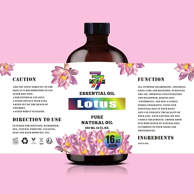 Lotus Essential Oil - GV77ZF Lotus Oils for Diffusers, Humidifiers, DIY Candles, Soap, Cleaning, Home, Office, Yoga, Massage, Gifts - 16 fl oz (480 ml)