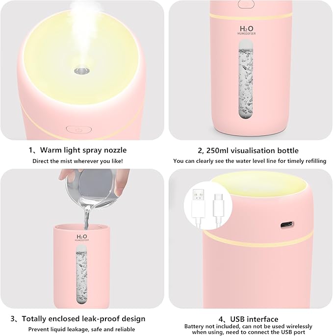 Lisacool Small Humidifier,Portable Mini Humidifier for Bedroom,Office, Car,Travel with Night Light, Auto Shut-Off,Super Quiet (Pink)