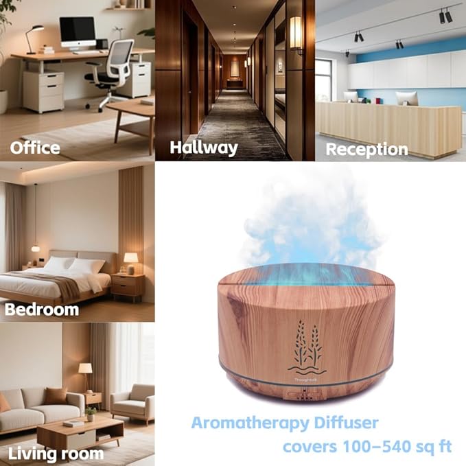 Ultrasonic Essential Oil Diffuser, 500ml Aroma Air Diffuser for Home Bedroom Large Room, 32H Cool Mist Oil Diffuser, 7 Colors Fire Night Light & Flame Wood Grain Aromatherapy Diffusers for Office