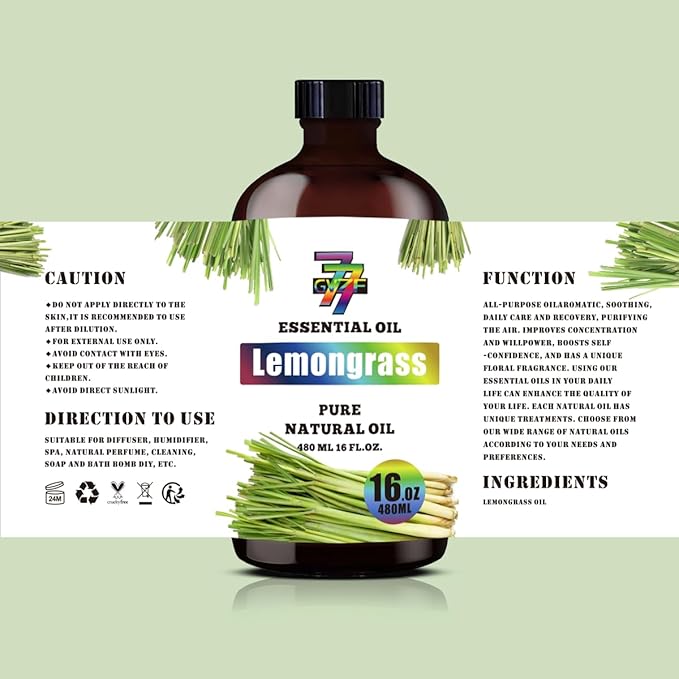 Lemongrass Essential Oil - GV77ZF Lemongrass Oils for Diffusers, Humidifiers, DIY Candles, Soap, Cleaning, Home, Office, Yoga, Massage, Gifts - 16 fl oz (480 ml)