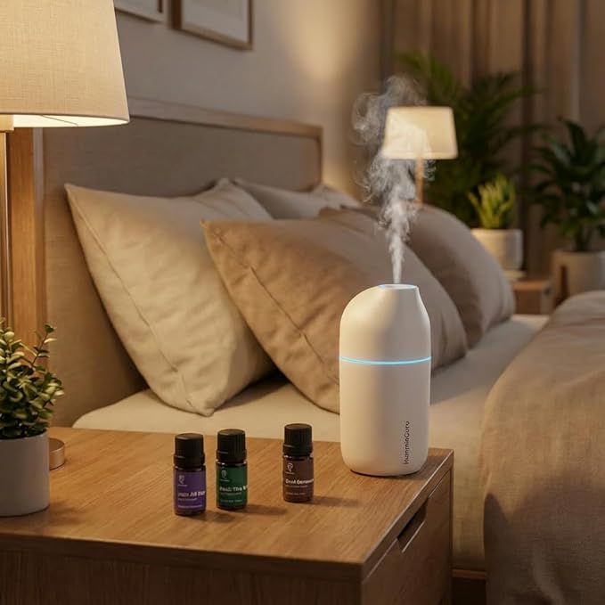HumminGuru Ultrasonic Essential Oil Diffuser & Humidifier - 90ml USB-C Aromatherapy Device for Car, Home, Office with 3 Essential Oils (Lavender, Peppermint, Cedar) - 20-Min Auto Shutoff, White