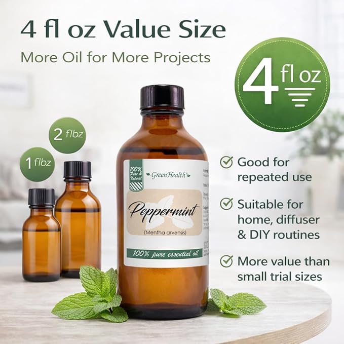 GreenHealth Peppermint Essential Oil 4 fl oz - 100% Pure Essential Oil - Amber Glass Bottle w/Glass Dropper - Fresh Mint Aroma for Diffusers, Candles, Soap Making, DIY Use