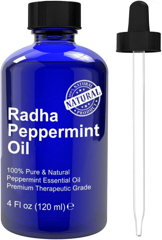 Radha Beauty Peppermint Essential Oil 4 oz - 100% Pure & Therapeutic Grade, Steam Distilled for Aromatherapy, Fresh Minty Scent, Focus, DIY Projects, Candles, Sprays and Fragrance
