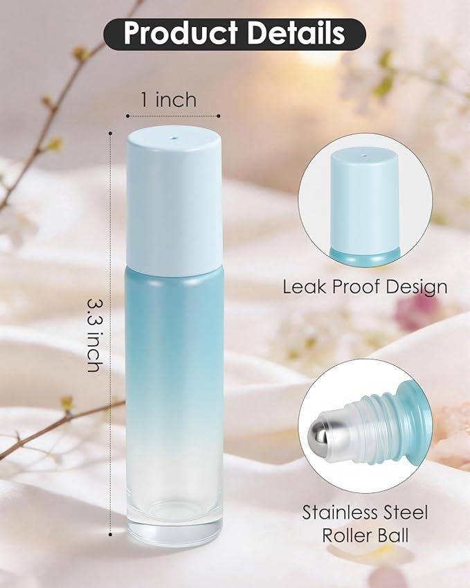 Worldgsb 25 Pack Essential Oil Roller Bottles, 10ml Refillable Glass Roller Bottles with Stainless Steel Roller Balls and Caps for Travel, Perfume and Lip Gloss Blue Gradient