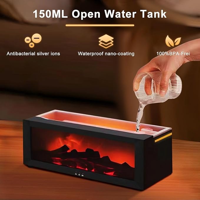Fireplace Diffusers for Essential Oils Fireplace Humidifier with Remote 150ml Fireside Ultrasonic Humidifier Bonfire Flame Diffuser with 7 Colors Light for Home Room Office (Black+Essential Oils)