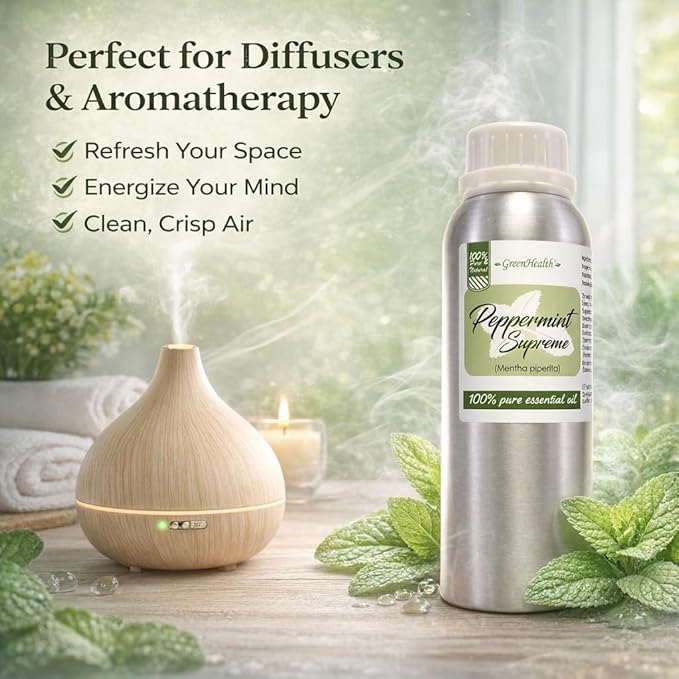 Peppermint Essential Oil – 100% Pure Mentha Piperita – GreenHealth – 8 fl oz (237 ml) Aluminum Bottle with Plug Cap – Aromatherapy, Diffusers, DIY, Candles, Fresh Home Scent