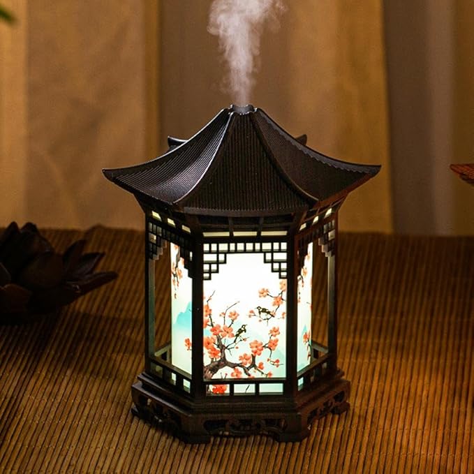 Zen Pavilion Lantern Aroma Diffuser & Night Light - 2-in-1 160ml Essential Oil Diffuser with 2 Mist Modes - Japanese Style Zen Garden Humidifier for Yoga, Meditation, Spa & Sleep (Dark Wood Color)