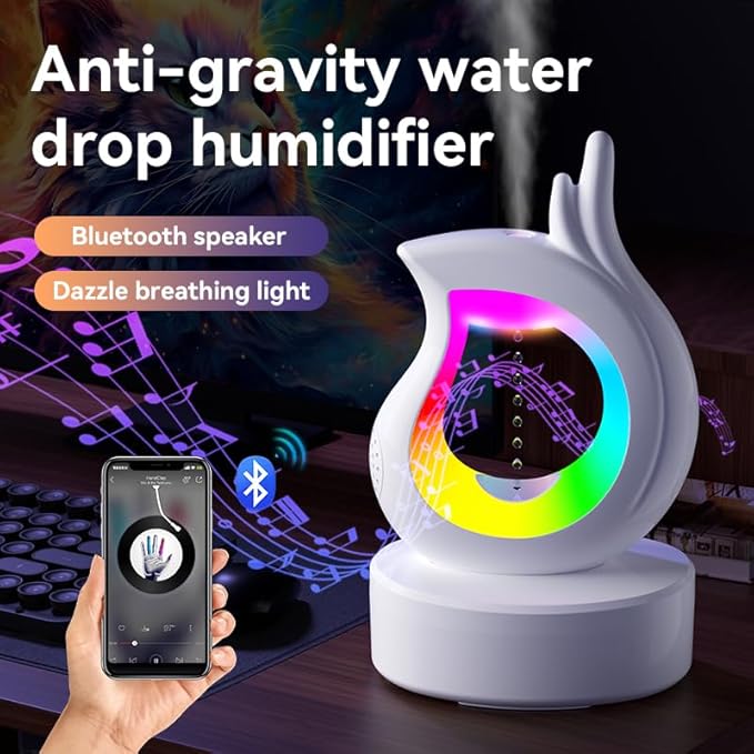 3-in-1 Bedroom Raindrop Humidifier with Bluetooth Speaker & Aroma Diffuser, 7-Color Night Light, Desktop Spray Humidifier with Anti-Gravity Water Droplet Effect – Perfect for Bedroom, Home, and Office