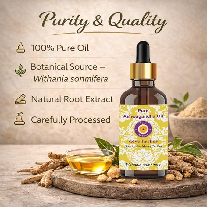 Deve Herbes Ashwagandha Oil (Withania somnifera) with Two Glass Droppers | Infused | Pure | Non-Sticky | Lightweight | for Facial Care | Men & Women | 30ml X 2 (2 oz)