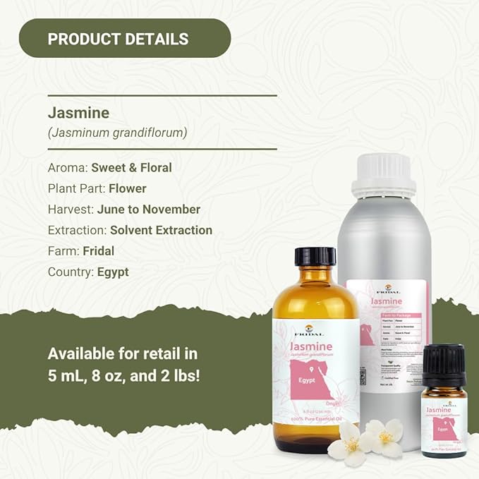 Jasmine Essential Oil - Direct from Fridal Egypt - Steam Distilled - Aceite de Jazmín for Aromatherapy, Massage, Diffuser, DIY Candle and Soap Making - 15ml