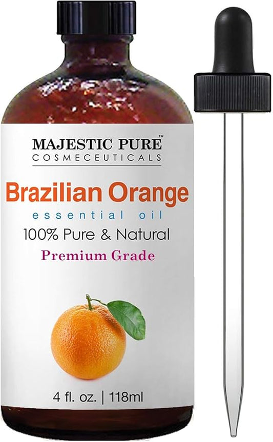Majestic Pure Essential Oil with Glass Dropper - 100% Pure and Natural - Essential Oils for Diffuser, Aromatherapy, Soap and Candle Making, Brazillian Orange Essential Oil, Orange Oil, 4 Fl Oz