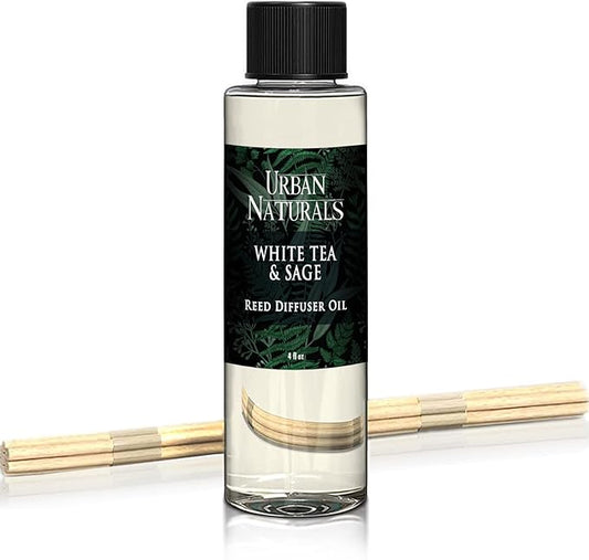 Urban Naturals Reed Diffuser Oil Refill White Tea & Sage, Sparkling Bergamot, Fresh Sage, 4 oz + Free Reed Sticks, Made in the USA