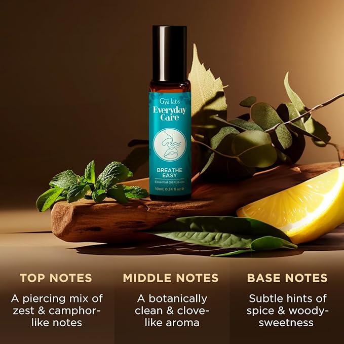 Gya Labs Breathe Essential Oil Roll On - 0.34 Fl Oz - Travel Size Roller for Camping, Skin, Aromatherapy Relief, Convenience