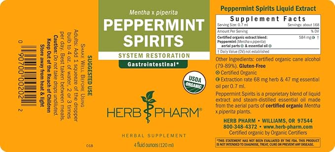 Herb Pharm Peppermint Spirits Liquid Extract: Organic Herbal Digestion Support | Mentha piperita Tincture | Fast-Absorbing for Occasional Nausea & Upset Stomach Support, Up to ~12 Week Supply, 4 oz*