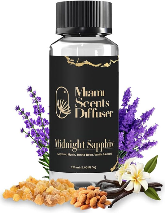 Midnight Sapphire Noir Essential Oil Refill Luxury Hotel Inspired, Long Lasting Aroma for Home & Office Diffuser, 120 ml Fresh Blend of Lavender, Vanilla & Almond - Scent for Spa Wellness Aromatherapy