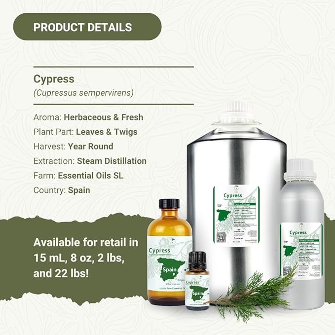 Cypress Essential Oil - Direct from Essential Oils SL in Mediterranean Spain - Aceite de Ciprés for Diffuser, 100% Pure Therapeutic Grade - Aromatheraphy, Skincare (2lbs)