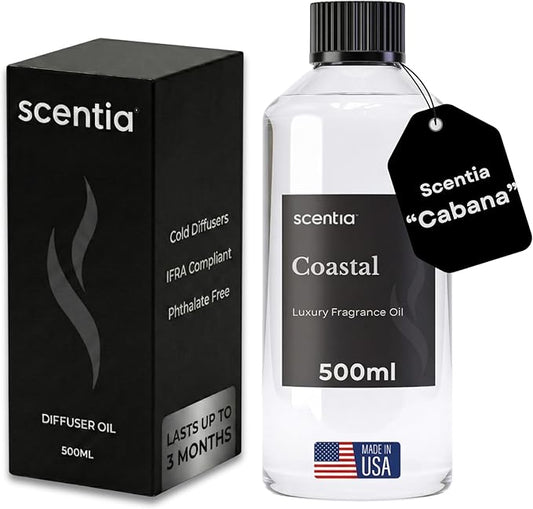Scentia Coastal (Cabana) Diffuser Oil for HVAC Scent Machine – Hotel Fragrance Inspired by 5-Star Spa – 500 mL – Jasmine, Bergamot & Sea Breeze Oil for Commercial & Cold Air Diffusers, Made in USA