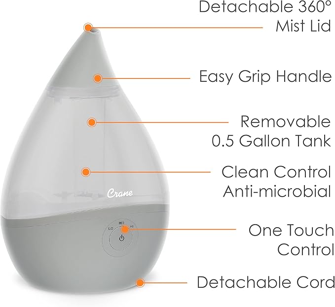 Crane Droplet Ultrasonic Small Air Humidifiers for Bedroom and Office, 0.5 Gallon Cool Mist Humidifier for Plants and Home, Humidifier Filters Optional, Grey