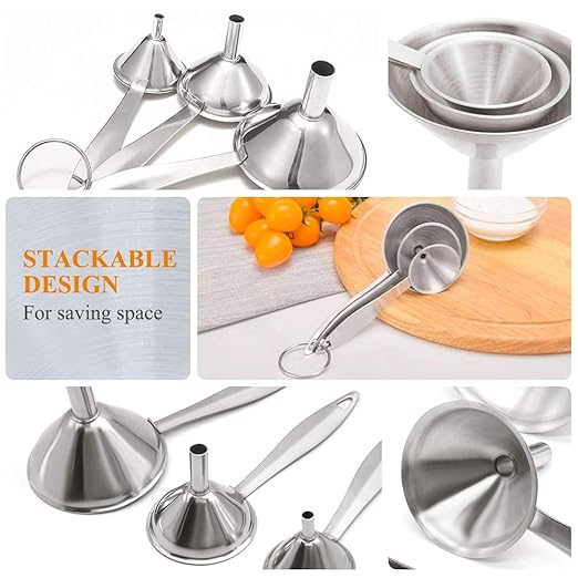 3 in 1 Metal Funnels for Filling Bottles Stainless Steel Small Kitchen Funnel Set for Transferring Essential Oils Liquid Fluid Spice Dry Ingredients Powder, Durable (‎Long-Handled Funnel)