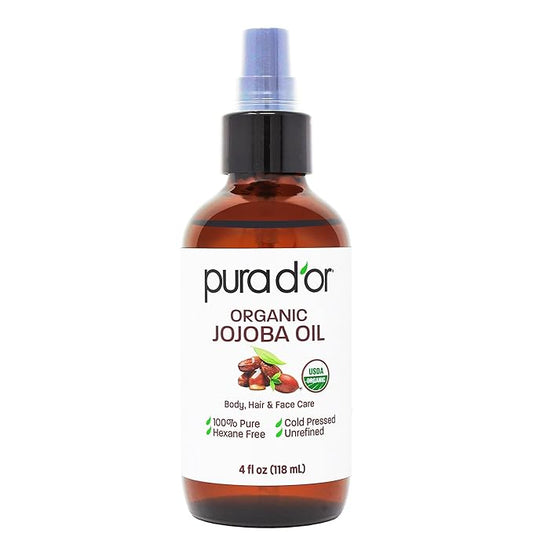 PURA D'OR 4 Oz Organic Jojoba Oil - USDA Certified - 100% Pure & Natural Moisturizer - Cold Pressed, Unrefined, Hexane Free Base Carrier Oil For DIY Skin Care, Hair, Body, Hair Relaxer, Face & Nails