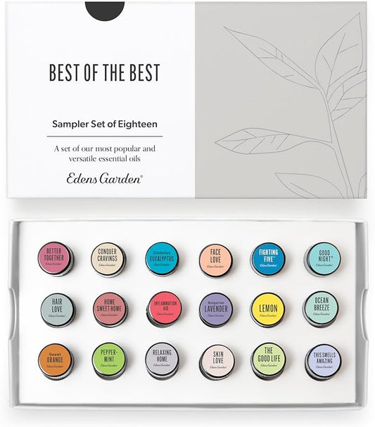 Edens Garden Essential Oils Best of The Best Sampler 18 Set – 100% Pure Therapeutic Grade: Fighting Five, Good Night, Joy, Lavender, Lemon, Peppermint Oil & More - for Aromatherapy, .92 ml/ 18 Pack