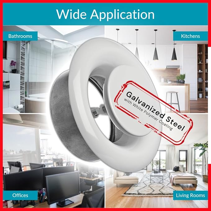 6 inch White Metal Diffuser - Adjustable Vent for Wall - Ceiling Duct Cover - Exhaust Air Valve - Round Ventilation Covers for Bathroom Kitchen Garage