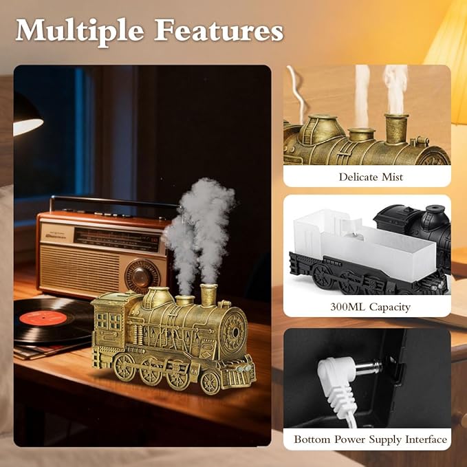 Vintage Steam Train Essential Oil Diffuser, 300ml Retro Train Quiet Aromatherapy Diffuser and Humidifier with Dual Color LED Light & 2 Mist Modes, Creative Home Decor & Gifts