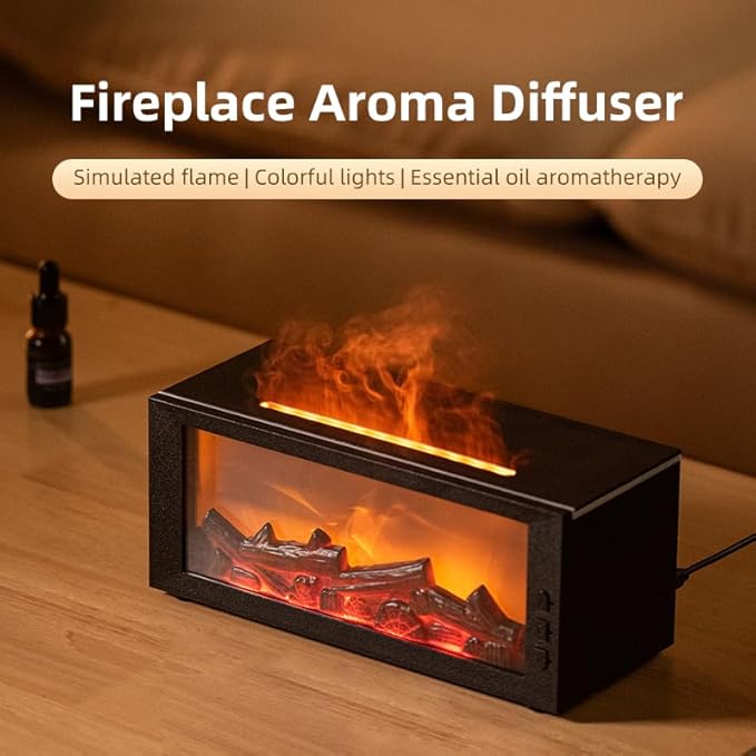 Fireplace Flame Diffuser & Humidifier with 2 Essential Oils – 4-in-1 Ultrasonic Aroma Mist Maker with Remote, 7-Color LED Flame Light, Auto Shut-Off, Quiet & Safe for Home, Bedroom, Office (Black)