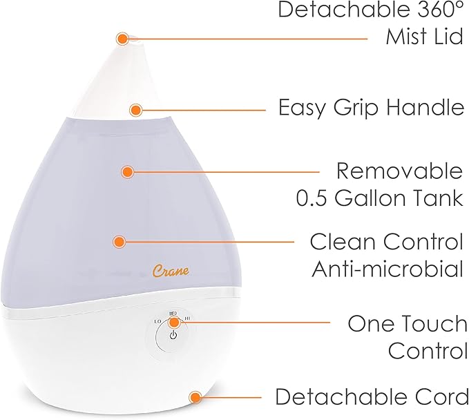 Crane Droplet Ultrasonic Small Air Humidifiers for Bedroom and Office, 0.5 Gallon Cool Mist Humidifier for Plants and Home, Humidifier Filters Optional, White