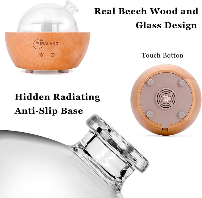 2025 Upgraded Remote Handmade Glass & Real Wood Essential Oil Diffuser, Aromatherapy Diffuser, 200ml Aroma Humidifier, Cool Mist with 7 LED Colors, Waterless Auto Shut-Off for Home Office Bedroom Gift