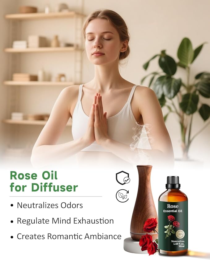 Rose Essential Oil, Pure Rose Oil Mumianhua Natural Floral Oil for Reed Diffuser, Air Freshener, Aromatherapy, Relaxation, Skin, Massage, Hair, Cologne, Candles Making, Evening Wellness 1.69 Fl Oz