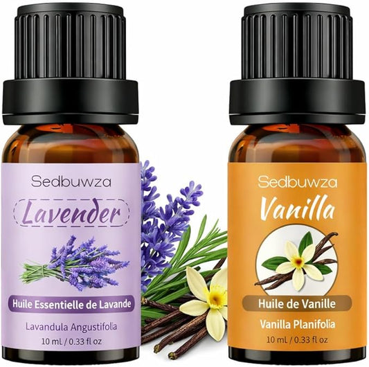 Sedbuwza Vanilla Lavender Essential Oil Set, Vanilla Fragrance Oil Lavender Scent Oil Set for Diffuser, Aromatherapy, Massage, Soap, Candle Making 2 x 10 ml