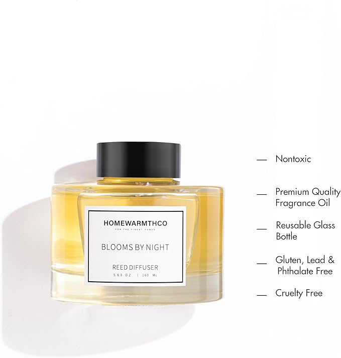 Blooms by Night (Patchouli & Sandalwood) Reed Diffuser Set - Luxury Fragrance Reed Diffusers for Home. Office, Bathroom and Home Decor - Long-Lasting Scent with Non-Toxic Oils (5.63 oz, 160ml)