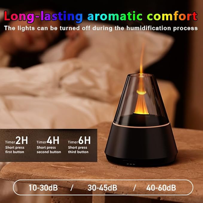 Flame humidifier,Flame Aroma Diffuser, 120ml Flame Humidifier, Essential Oil Aromatherapy Diffuser with 7-Color Changing LED Lights, Waterless Auto Shut-Off, Ideal for Home, Office, Bedroom (Black)
