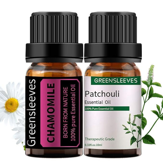 GREENSLEEVES Patchouli Chamomile Essential Oil Set, 2 x 10ml Pure Plant-Based Fragrance Oil for Aromatherapy, Essential Oils for Diffuser, Massage, Bath Bomb, Scented Candle Soap Making