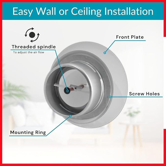 4 inch White Metal Diffuser - Adjustable Vent for Wall - Ceiling Duct Cover with Front Plate - Universal Valve for Exhaust an Supply Air - Round Ventilation Covers for Bathroom Kitchen Garage