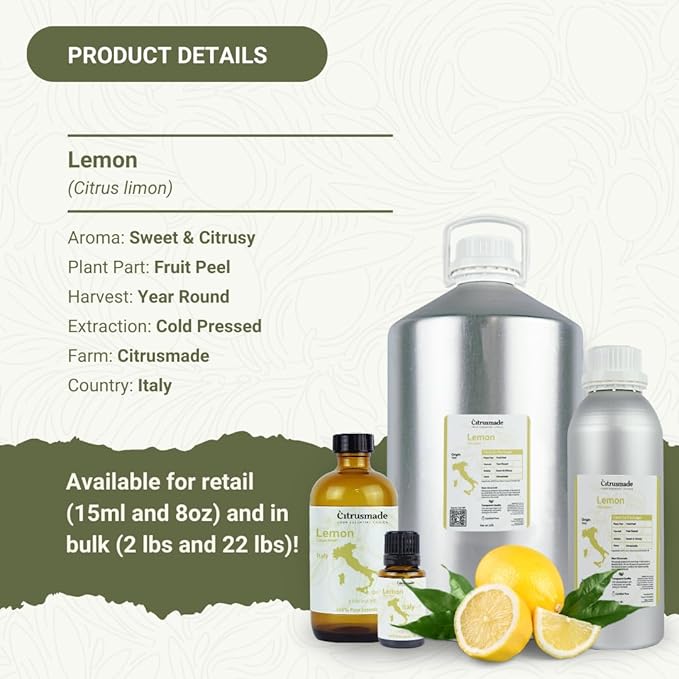 Lemon Essential Oil - Direct from Citrusmade Southern Italy - Cold Pressed - Aceite de Limón for Aromatherapy, Massage, Diffuser, DIY Candle and Soap Making - 8oz
