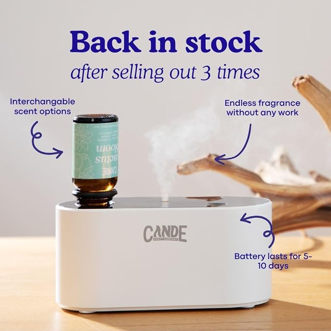 CE CRAFT Waterless Travel Diffuser Gift Set - Rechargeable Diffuser for Aromatherapy - Includes 3 Fragrance Oils - Fragrance Dispenser for Office and Home - Bakery, White