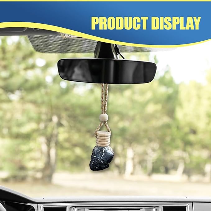 2PCS Hanging Car Essential Oil Diffuser Bottles, Skull Auto Interior Decoration Pendant, Refillable 8ml Empty Glass Bottle Auto Ornament, Funny Car Rear View Mirror Charm Accessory (GoldRibbon)