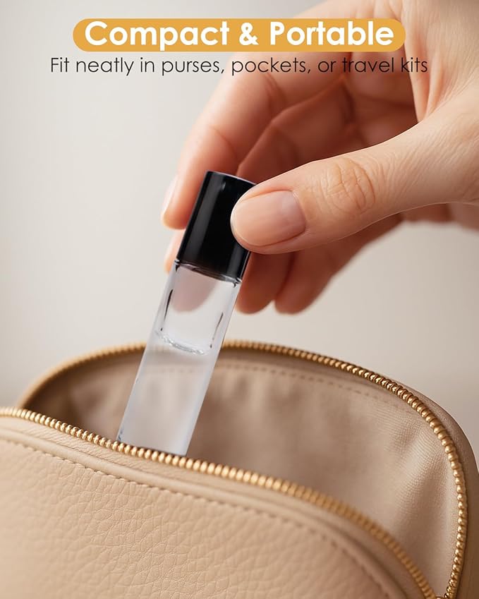 Worldgsb 4 Pack Essential Oil Roller Bottles, 10ml Refillable Clear Glass Roller Bottles with Stainless Steel Roller Balls and Caps for Travel, Perfume and Lip Gloss