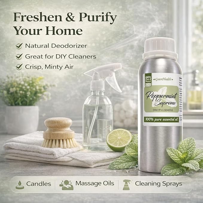 Peppermint Essential Oil – 100% Pure Mentha Piperita – GreenHealth – 8 fl oz (237 ml) Aluminum Bottle with Plug Cap – Aromatherapy, Diffusers, DIY, Candles, Fresh Home Scent
